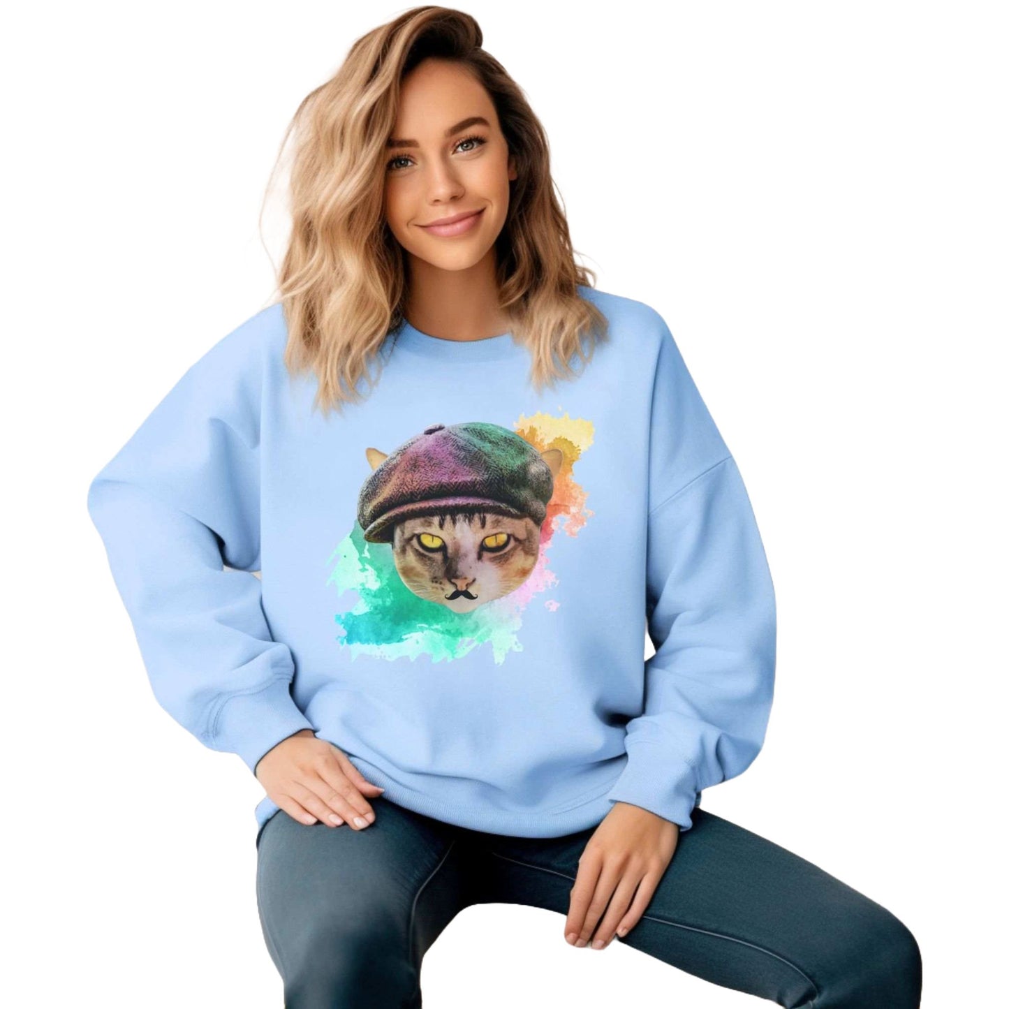 Pale Blue Baker Boy Cat Themed Crewneck Unisex Sweatshirt