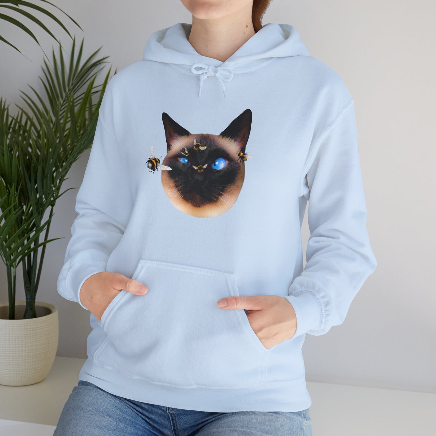 Pale Blue Buzz Off Cat Themed Hooded Sweatshirt Unisex