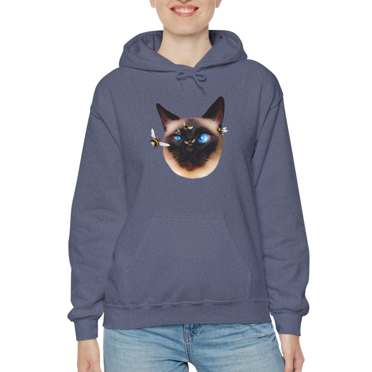 Heather Navy Buzz Off Cat Themed Hooded Sweatshirt Unisex