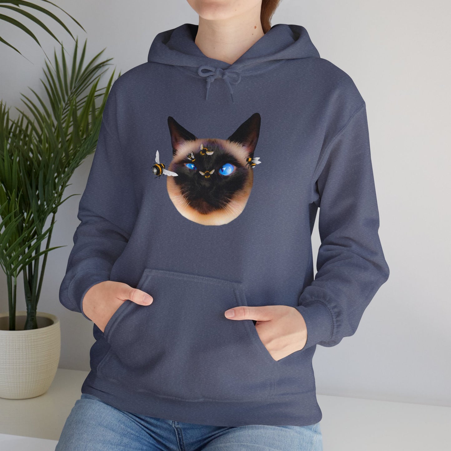 Heather Navy Buzz Off Cat Themed Hooded Sweatshirt Unisex