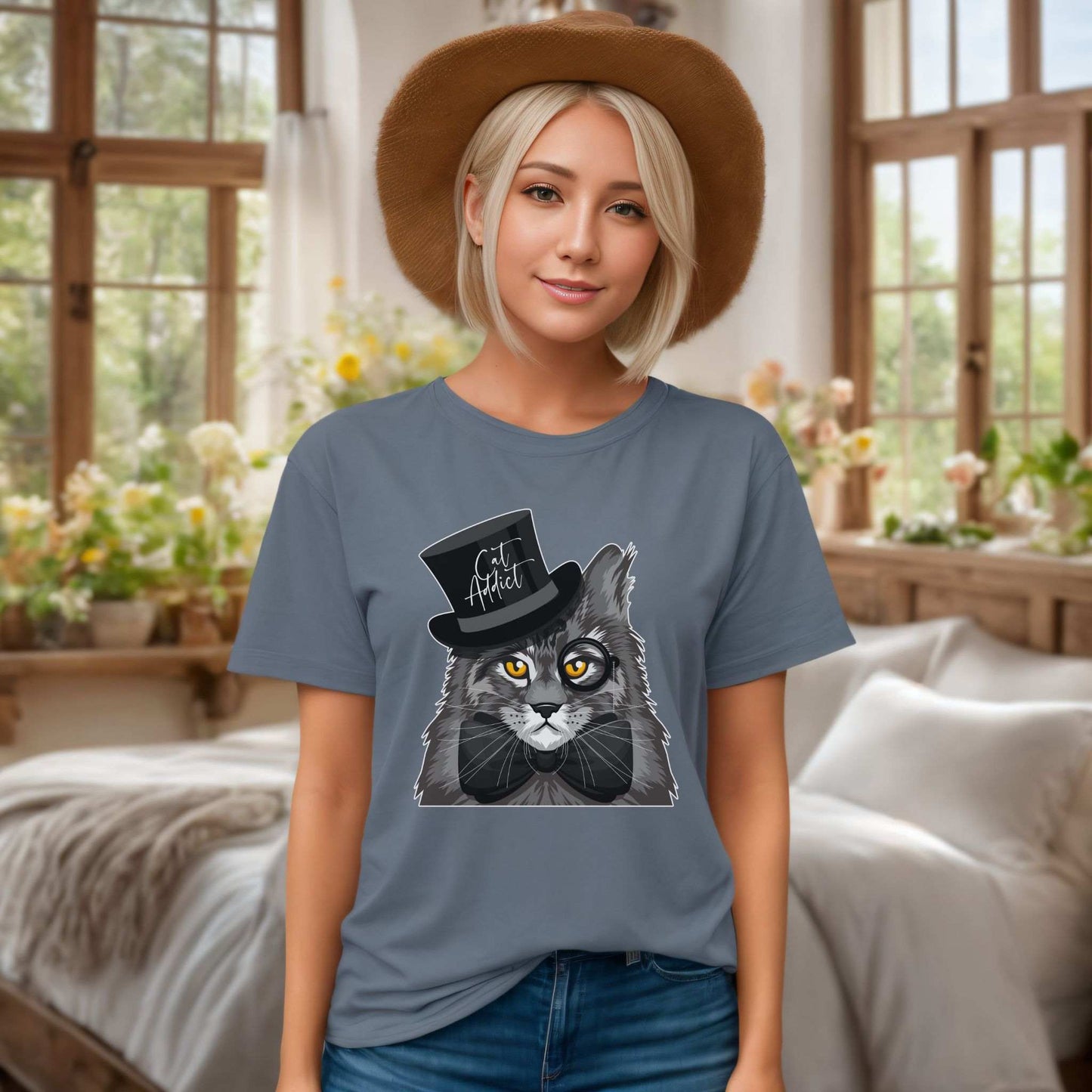 Steel Blue Cat Addict T-Shirt Unisex Crew Neck