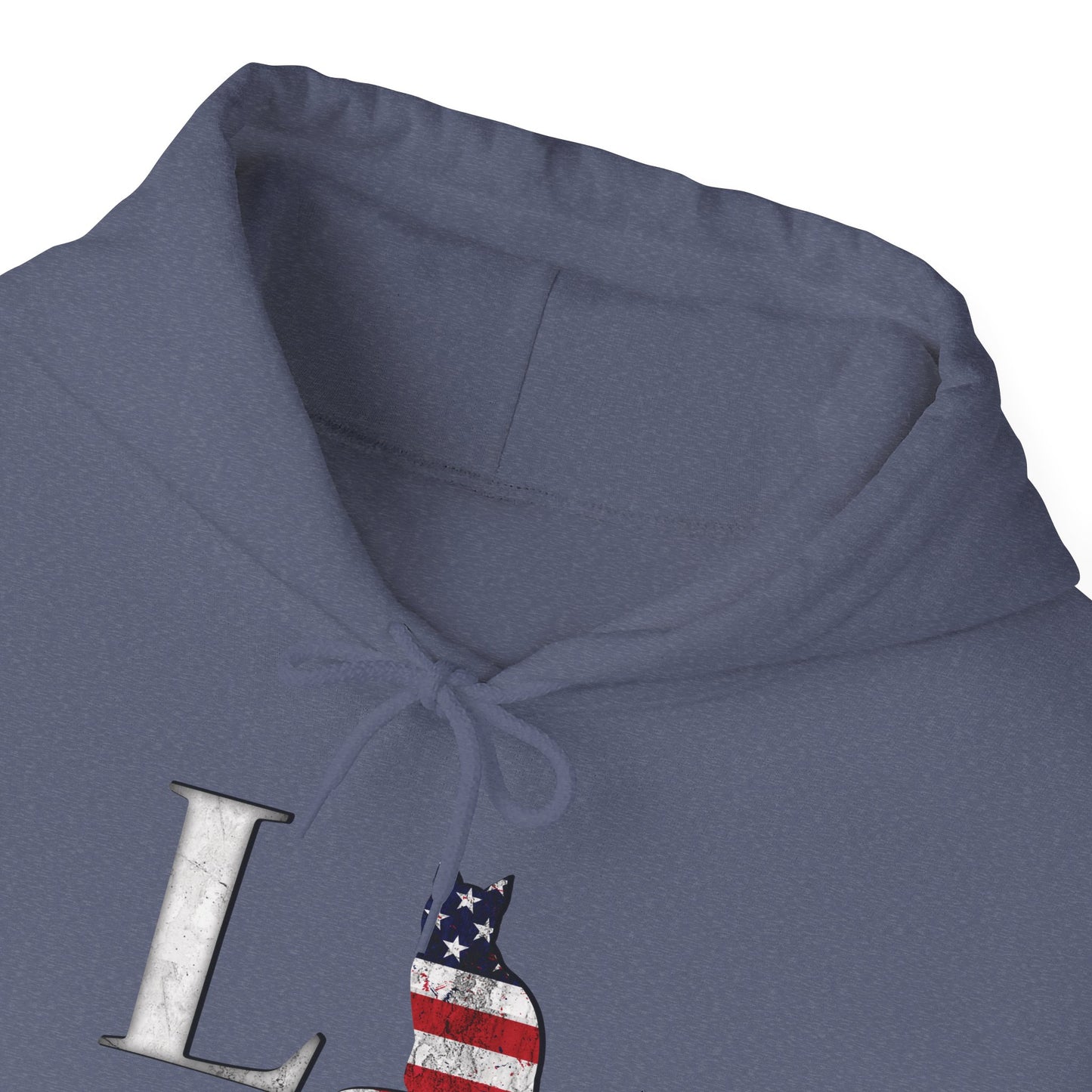 Heather Navy Cat Themed Love USA Hooded Sweatshirt Unisex