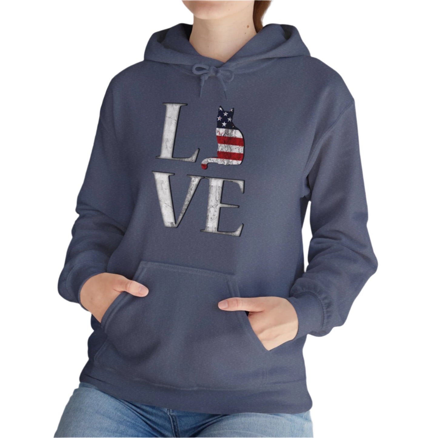Heather Navy Cat Themed Love USA Hooded Sweatshirt Unisex