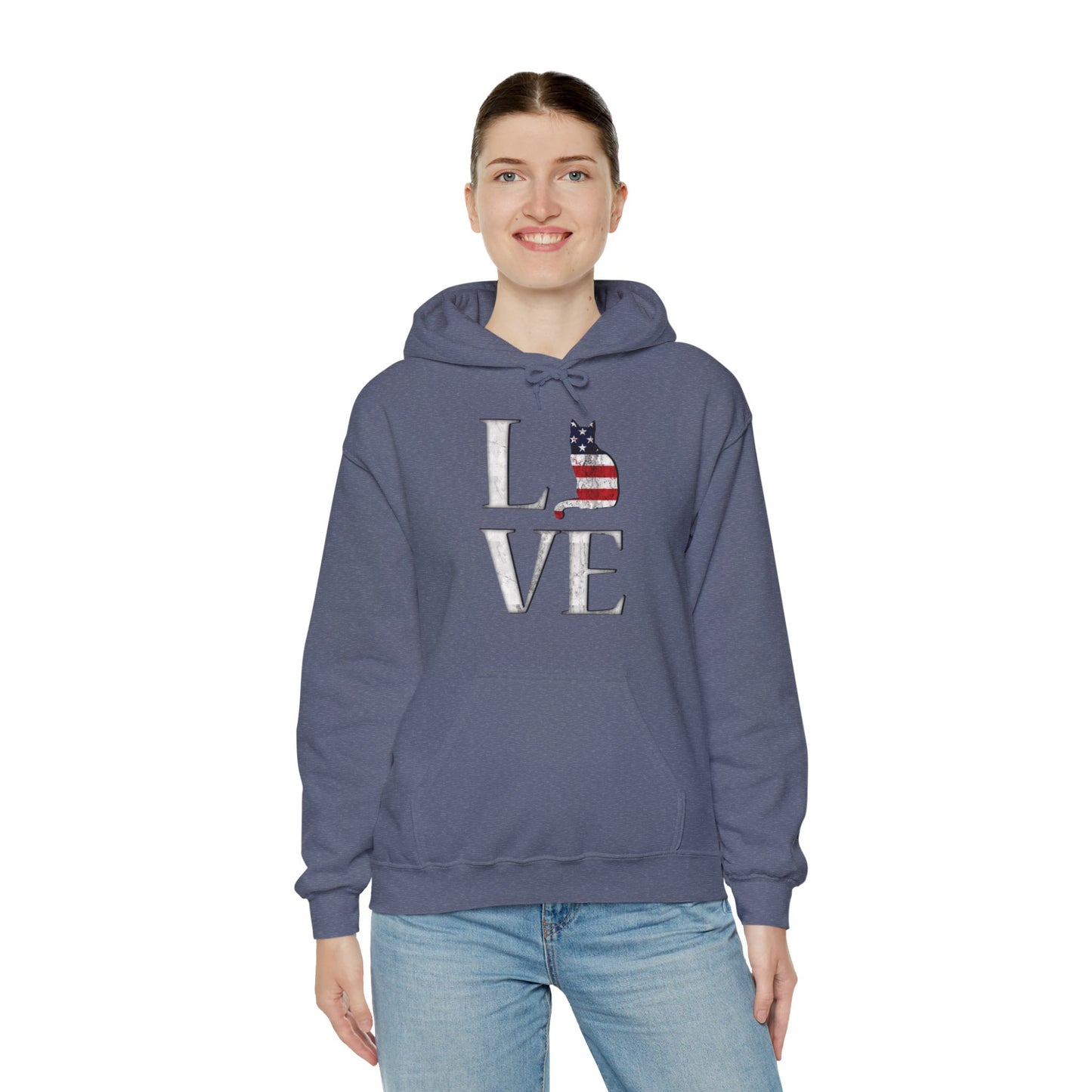 Heather Navy Cat Themed Love USA Hooded Sweatshirt Unisex