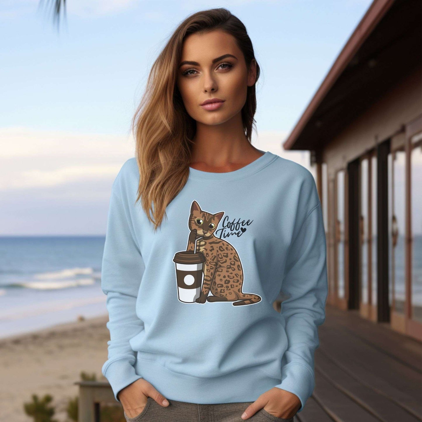 Pale Blue Drinking Bengal Cat Unisex Sweatshirt