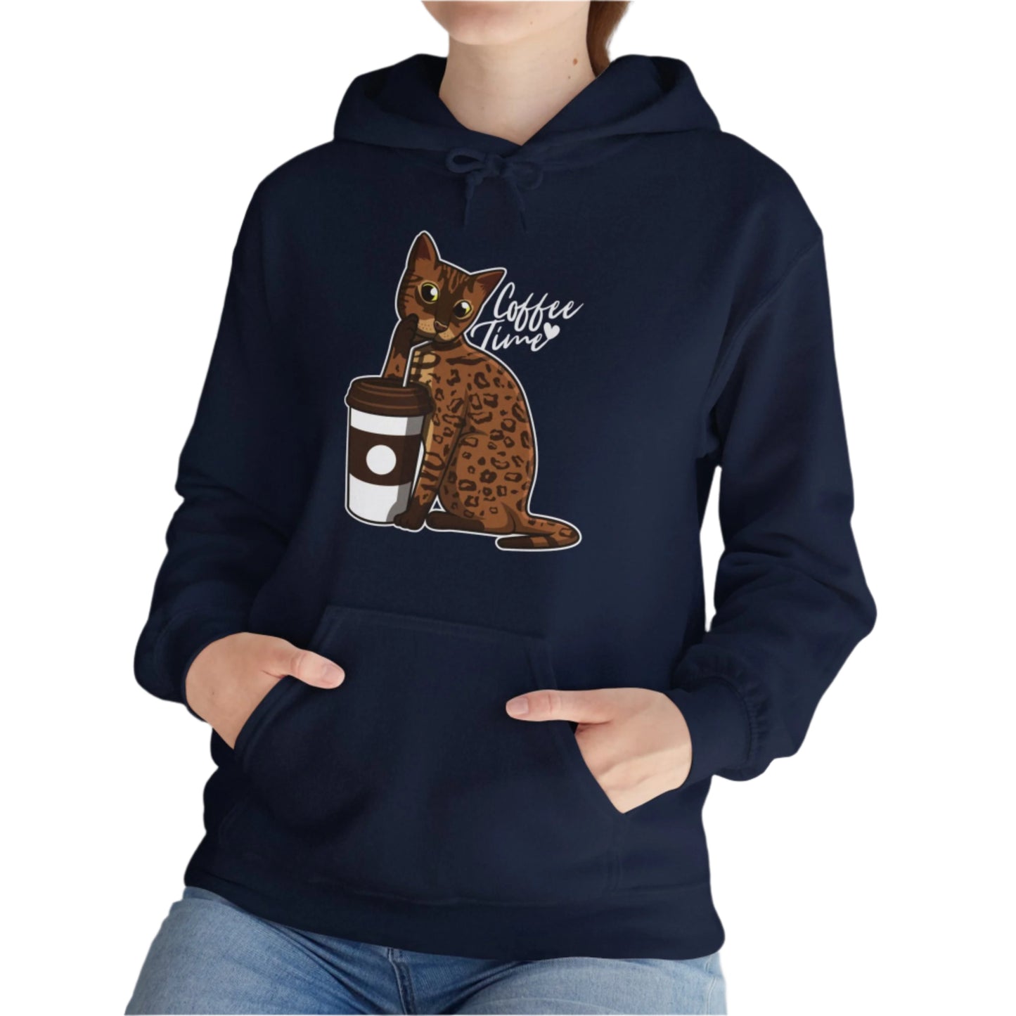 Navy Drinking Cat Hooded Sweatshirt Unisex