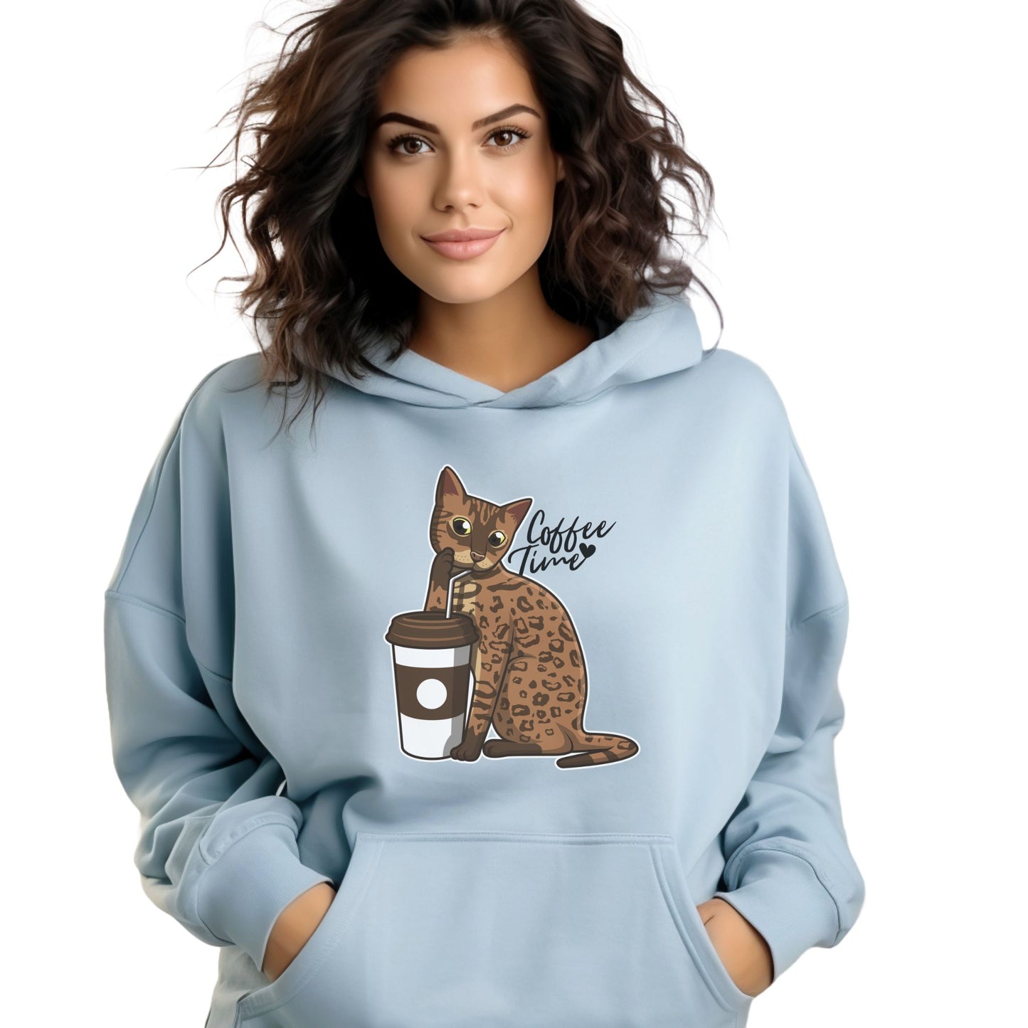 Pale Blue Drinking Cat Hooded Sweatshirt Unisex