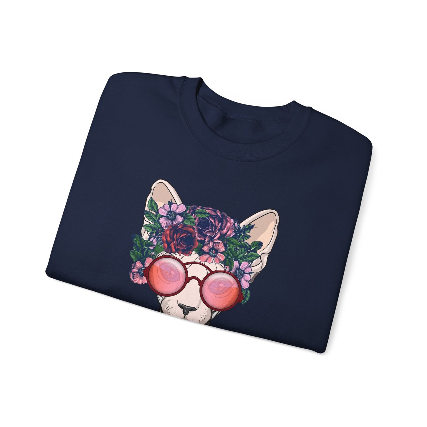 Navy Flower Sphynx Cat Themed Crewneck Unisex Sweatshirt