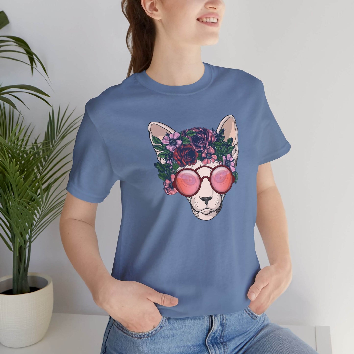 Steel Blue Flower Sphynx Cat T-Shirt Unisex Crew Neck