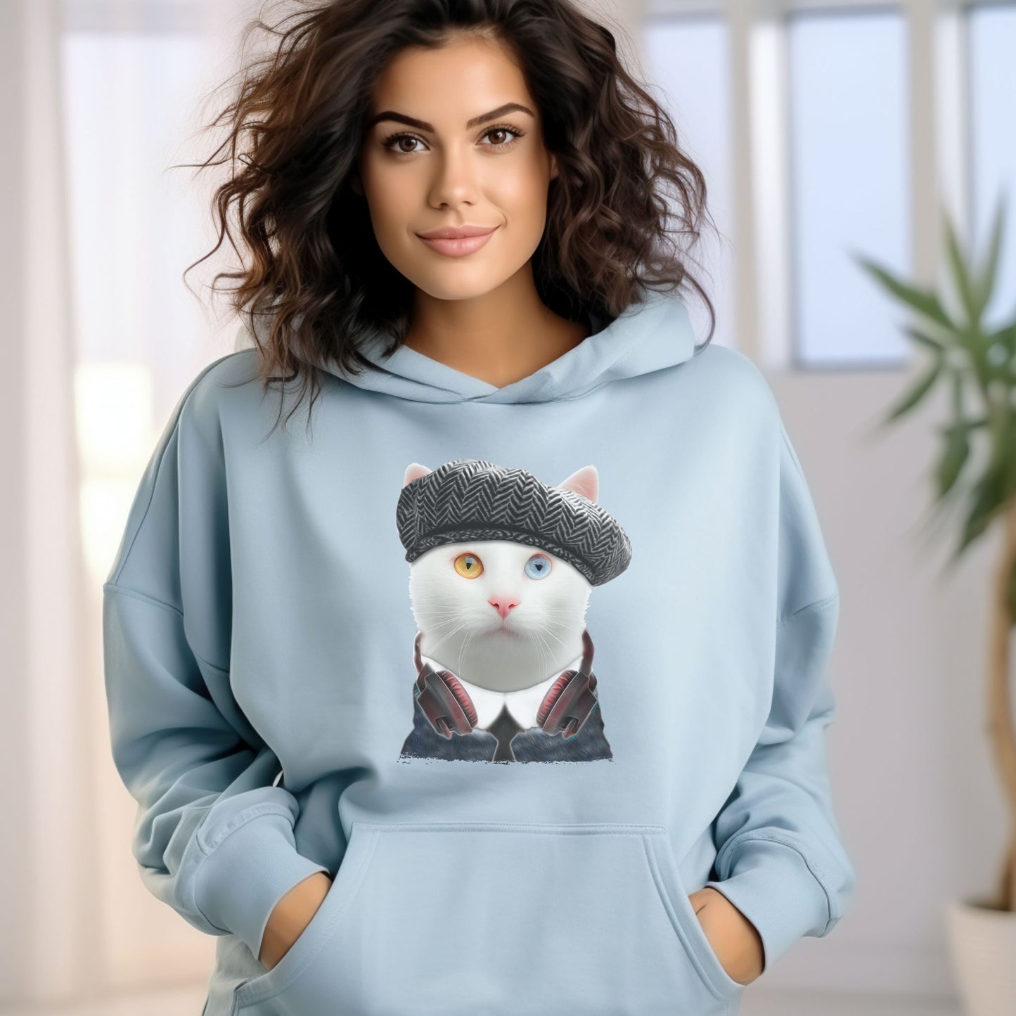 Pale Blue Headphones Cat Themed Hooded Sweatshirt Unisex