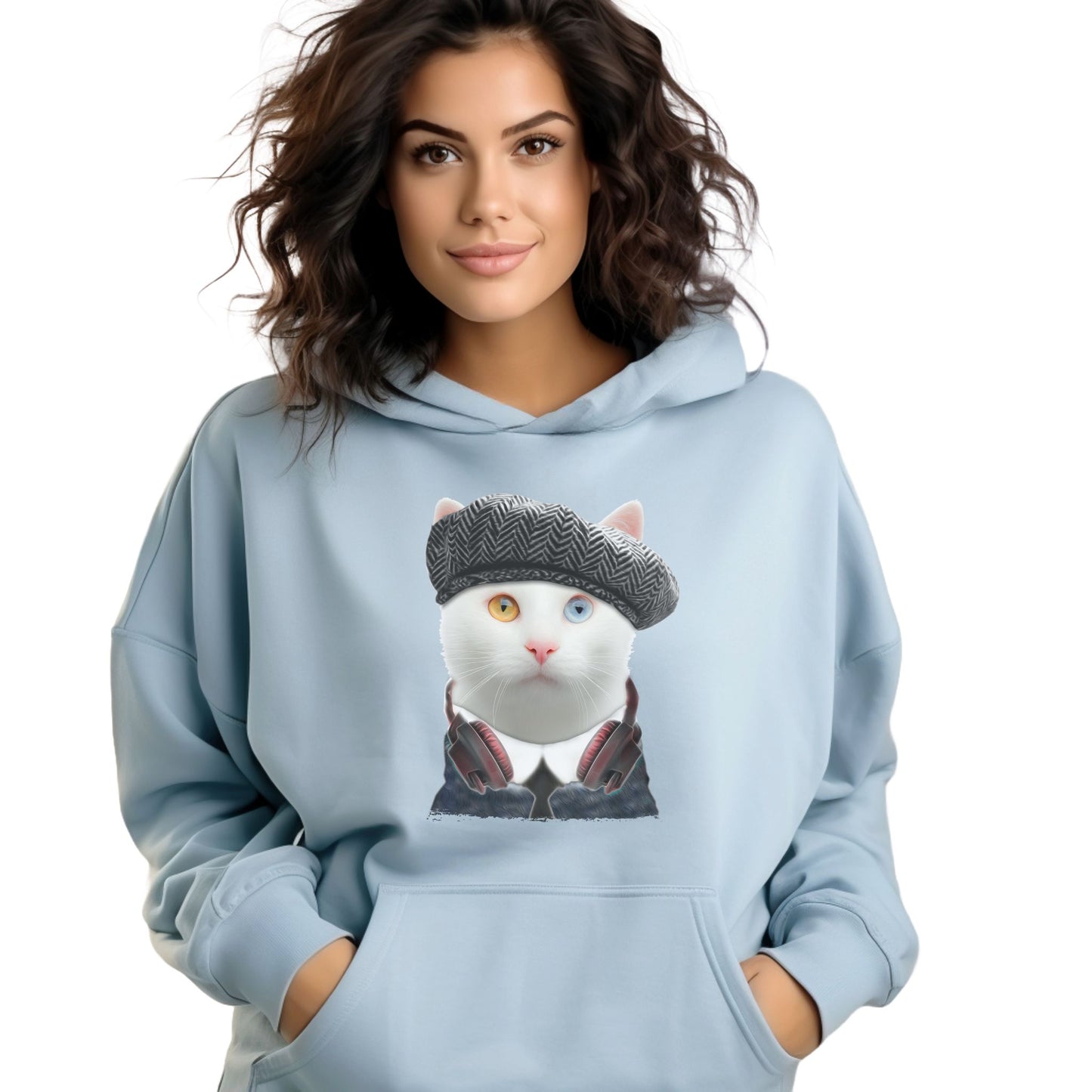 Pale Blue Headphones Cat Themed Hooded Sweatshirt Unisex
