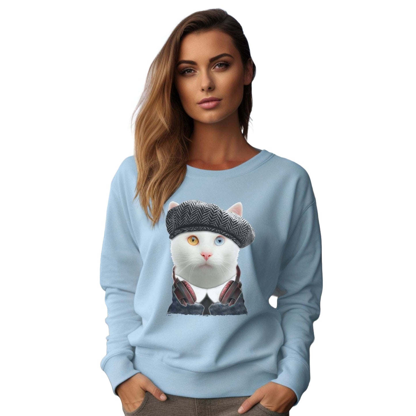 Pale Blue Headphones Crewneck Cat Themed Unisex Sweatshirt
