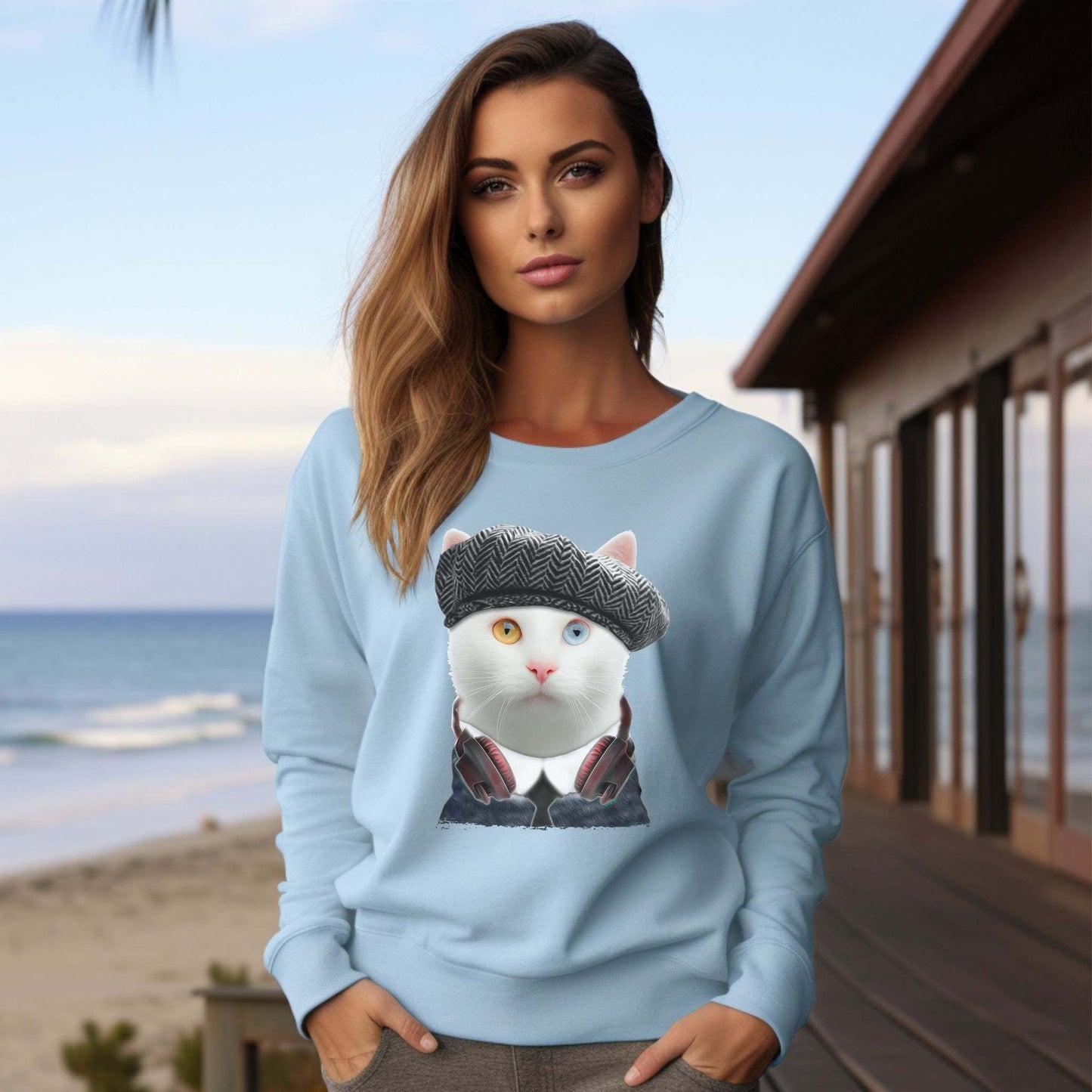 Pale Blue Headphones Crewneck Cat Themed Unisex Sweatshirt
