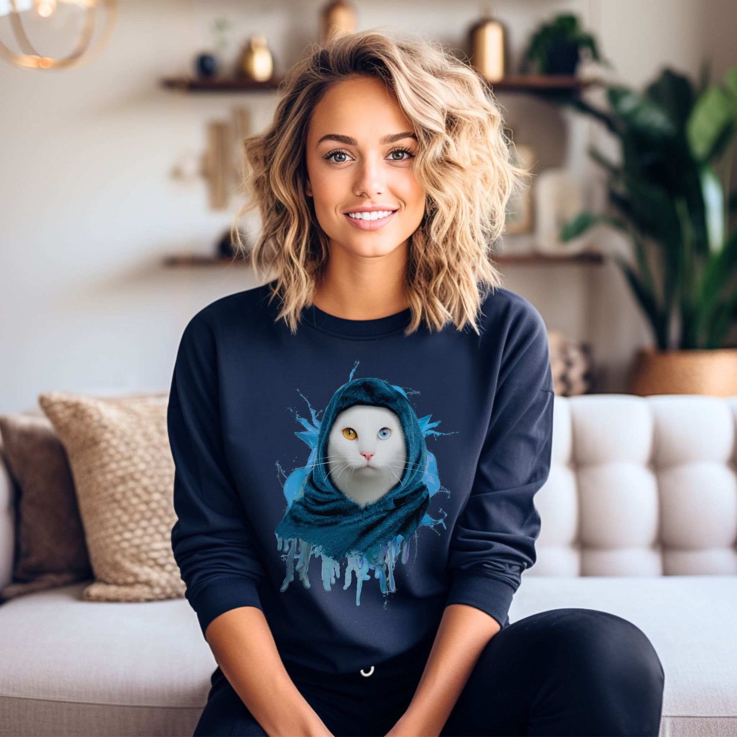 Navy Headscarf Cat Themed Crewneck Unisex Sweatshirt