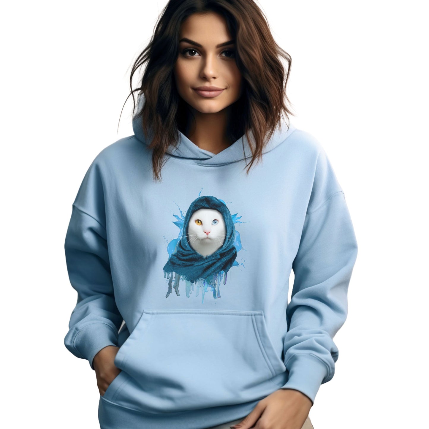 Pale Blue Headscarf Cat Themed Hooded Sweatshirt Unisex