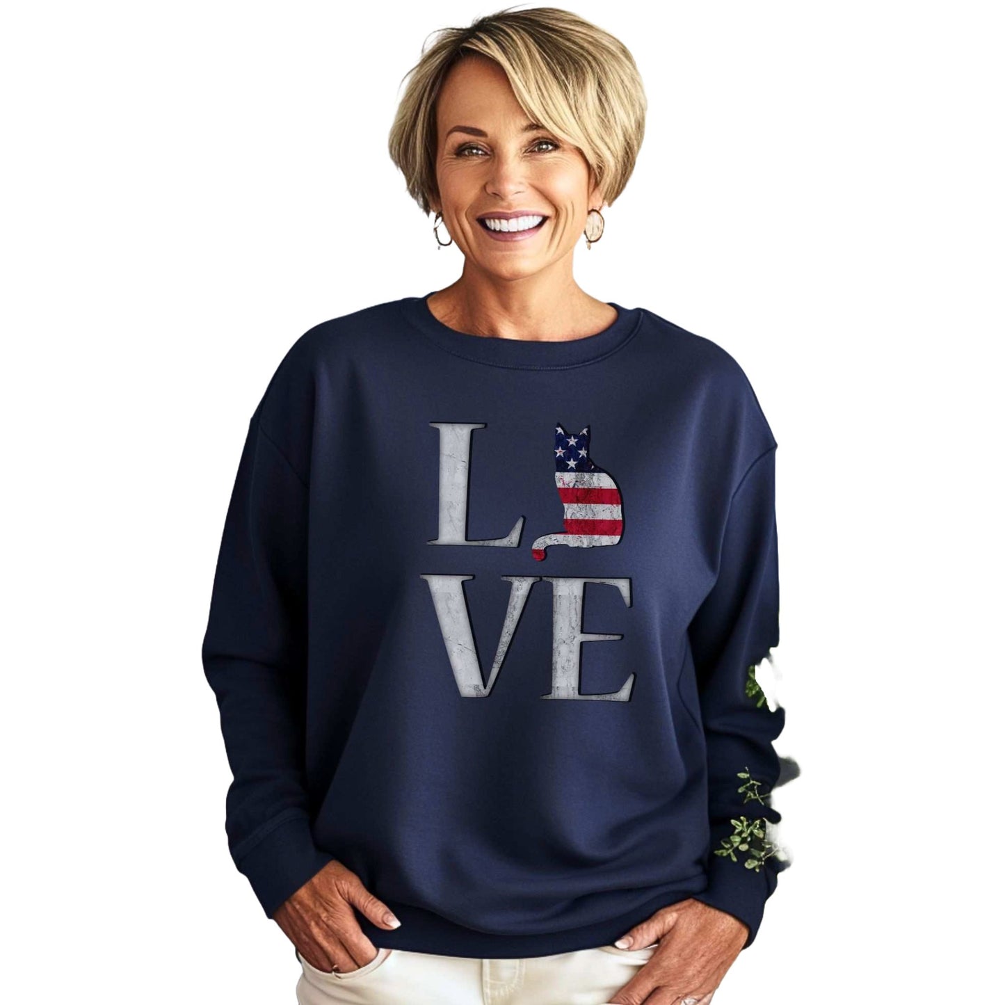 Navy LOVE USA Cat Themed Crewneck Unisex Sweatshirt