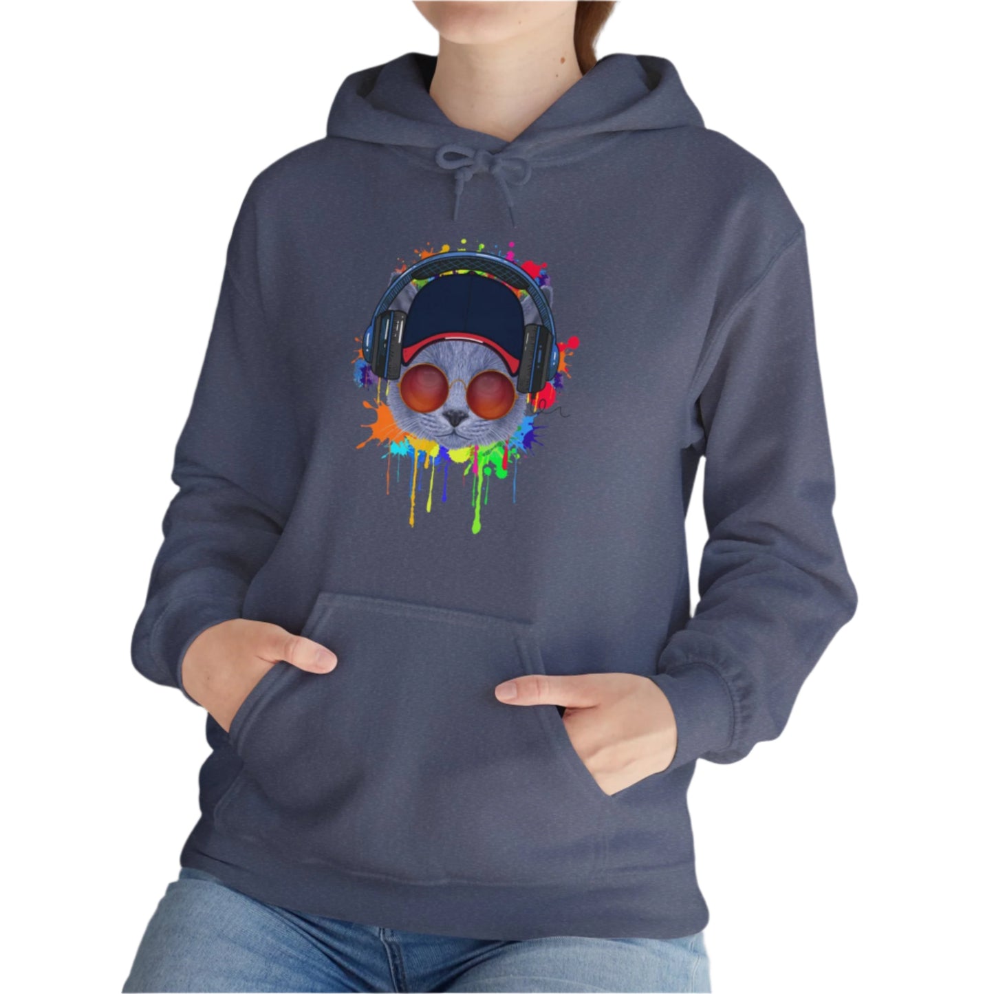 Heather Navy Lost In Music Cat Themed Hooded Sweatshirt Unisex