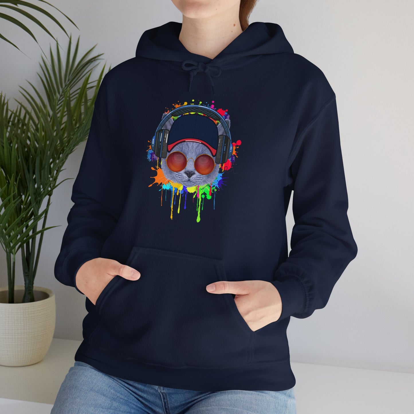 Navy Lost In Music Cat Themed Hooded Sweatshirt Unisex