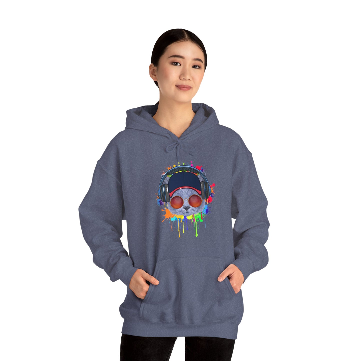 Heather Navy Lost In Music Cat Themed Hooded Sweatshirt Unisex