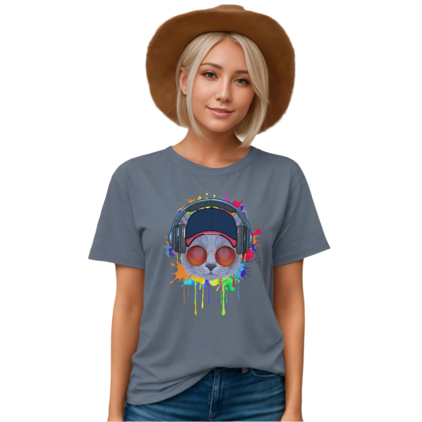 Steel Blue Lost In Music Cat T-Shirt Unisex Crew Neck