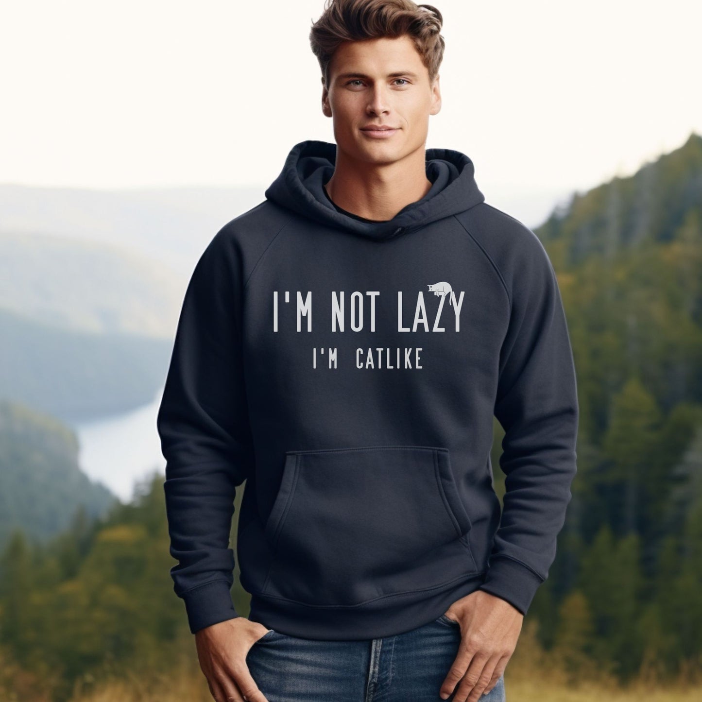 Navy Not Lazy Cat Themed Hooded Sweatshirt Unisex