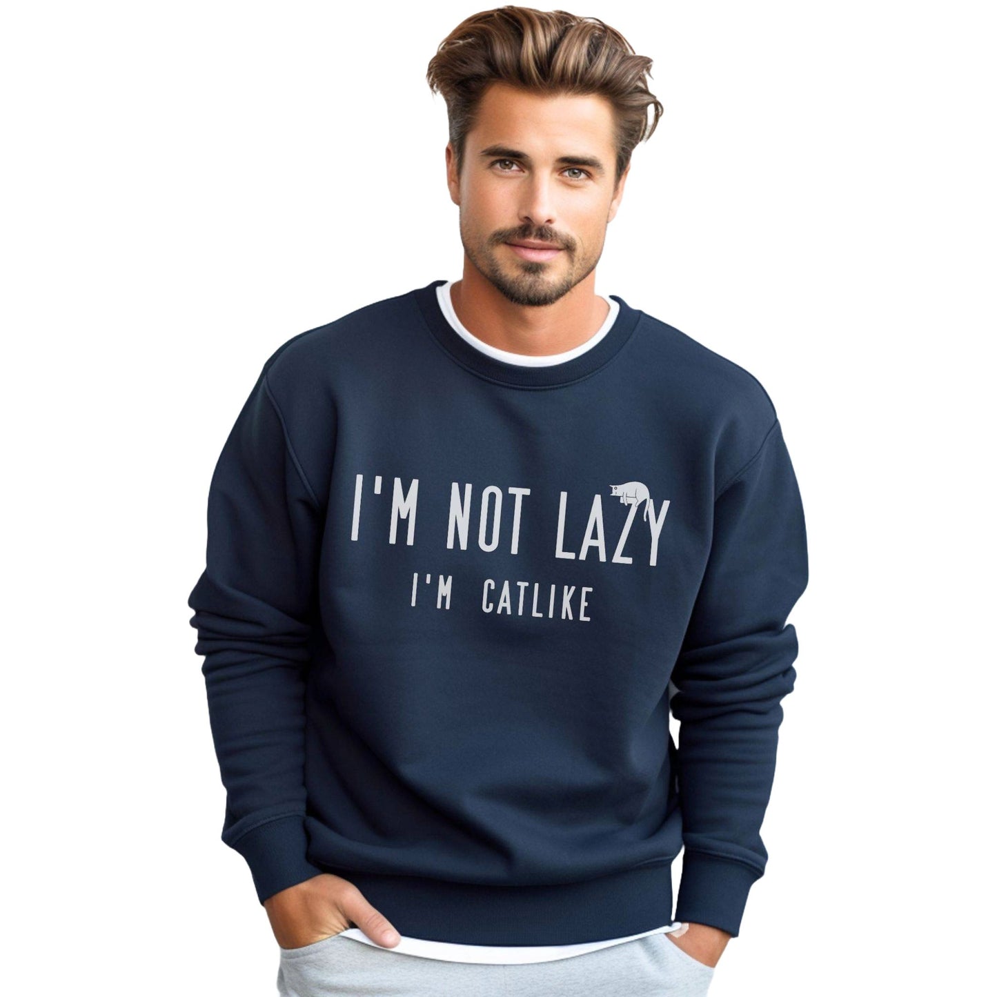 Navy Not Lazy Crewneck Unisex Cat Themed Sweatshirt