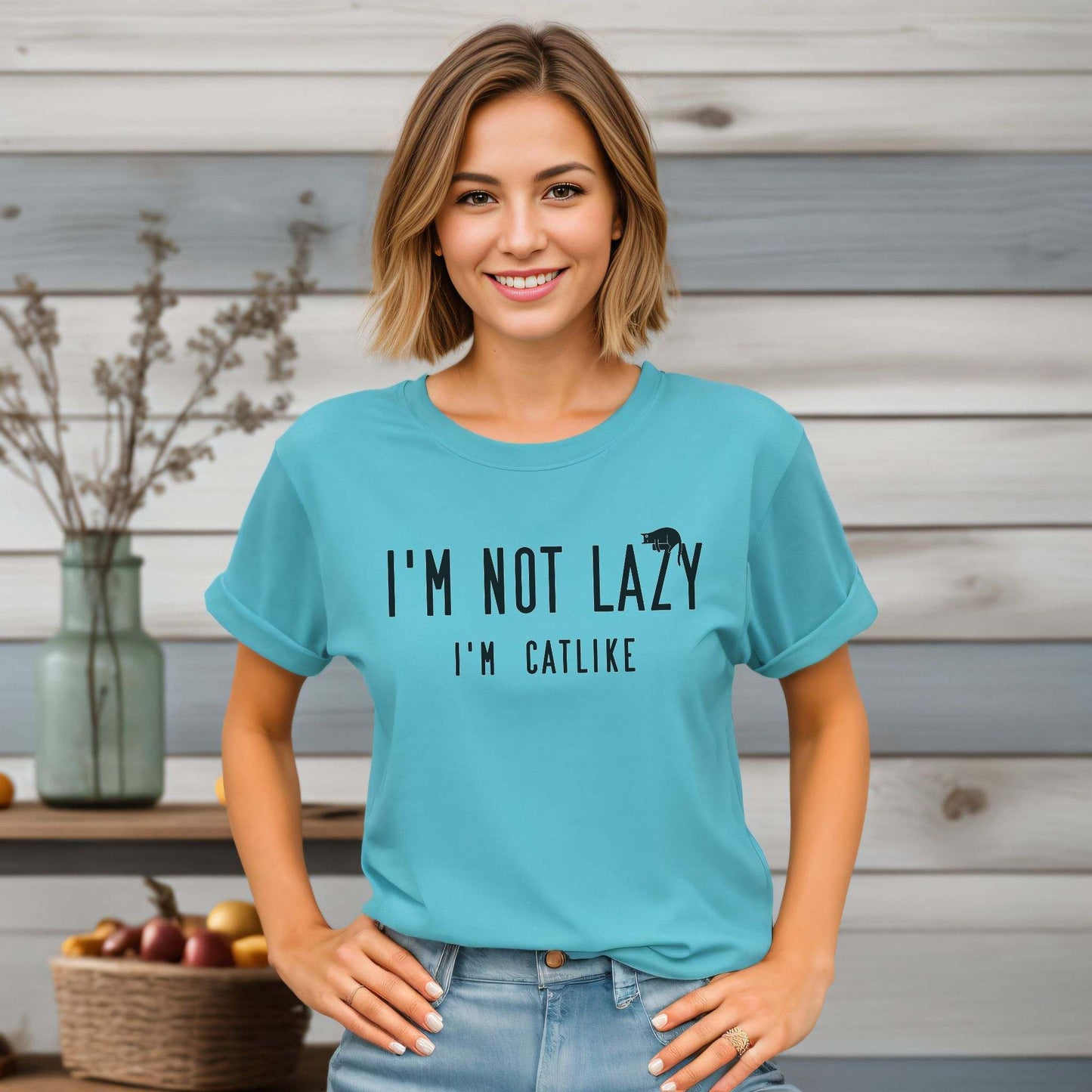 Turquoise Not Lazy T-Shirt Cat Theme Unisex Crew Neck