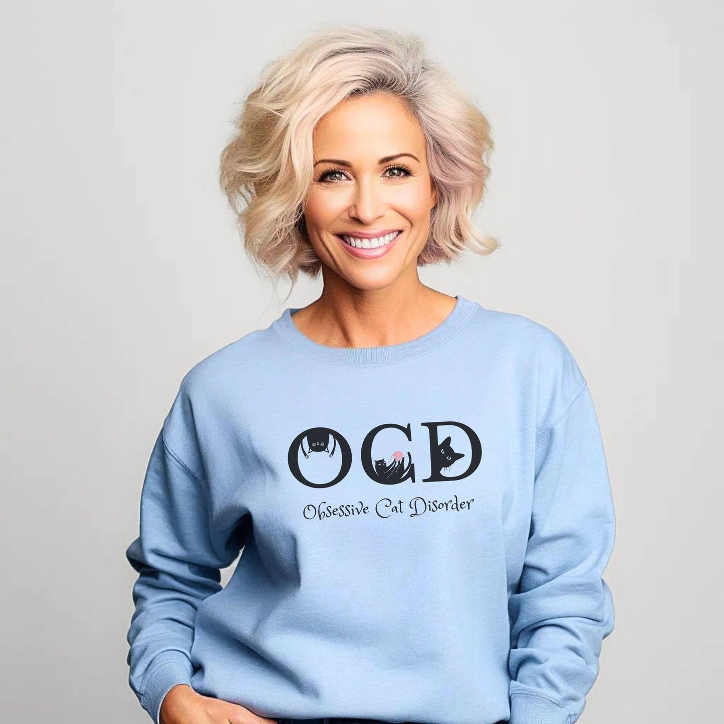 Pale Blue OCD Crewneck Unisex Sweatshirt Cat Themed