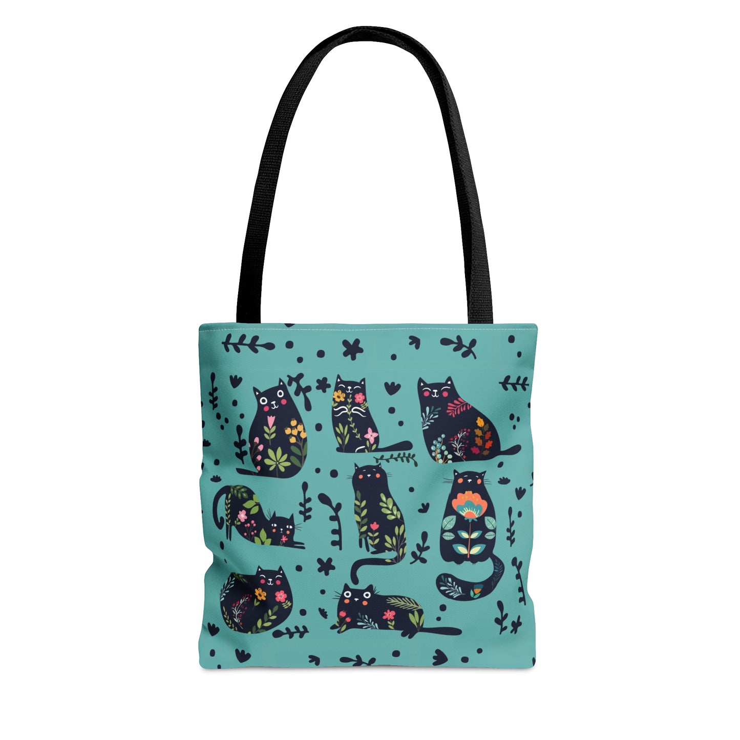 Blue Tote bag with black illustrated cats and flowers pattern.