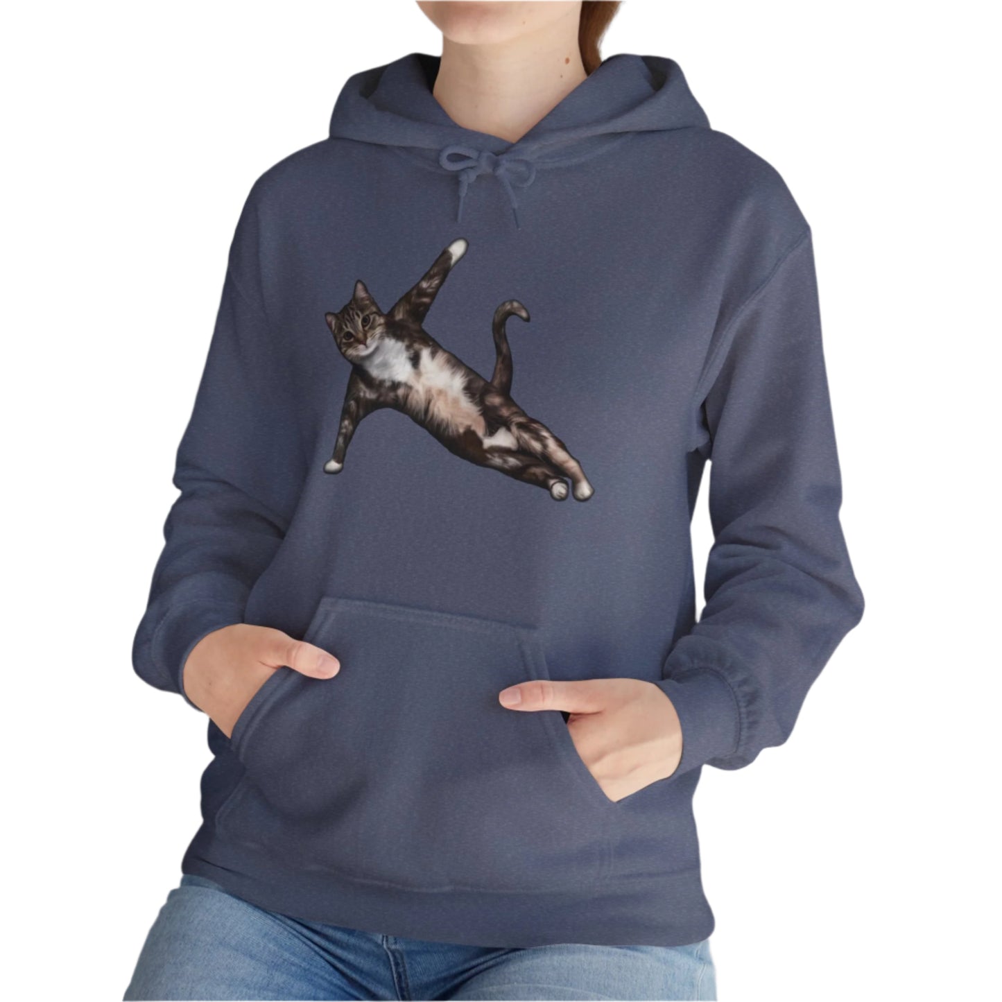 Heather Navy Yoga Pose Cat Themed Hooded Sweater Unisex
