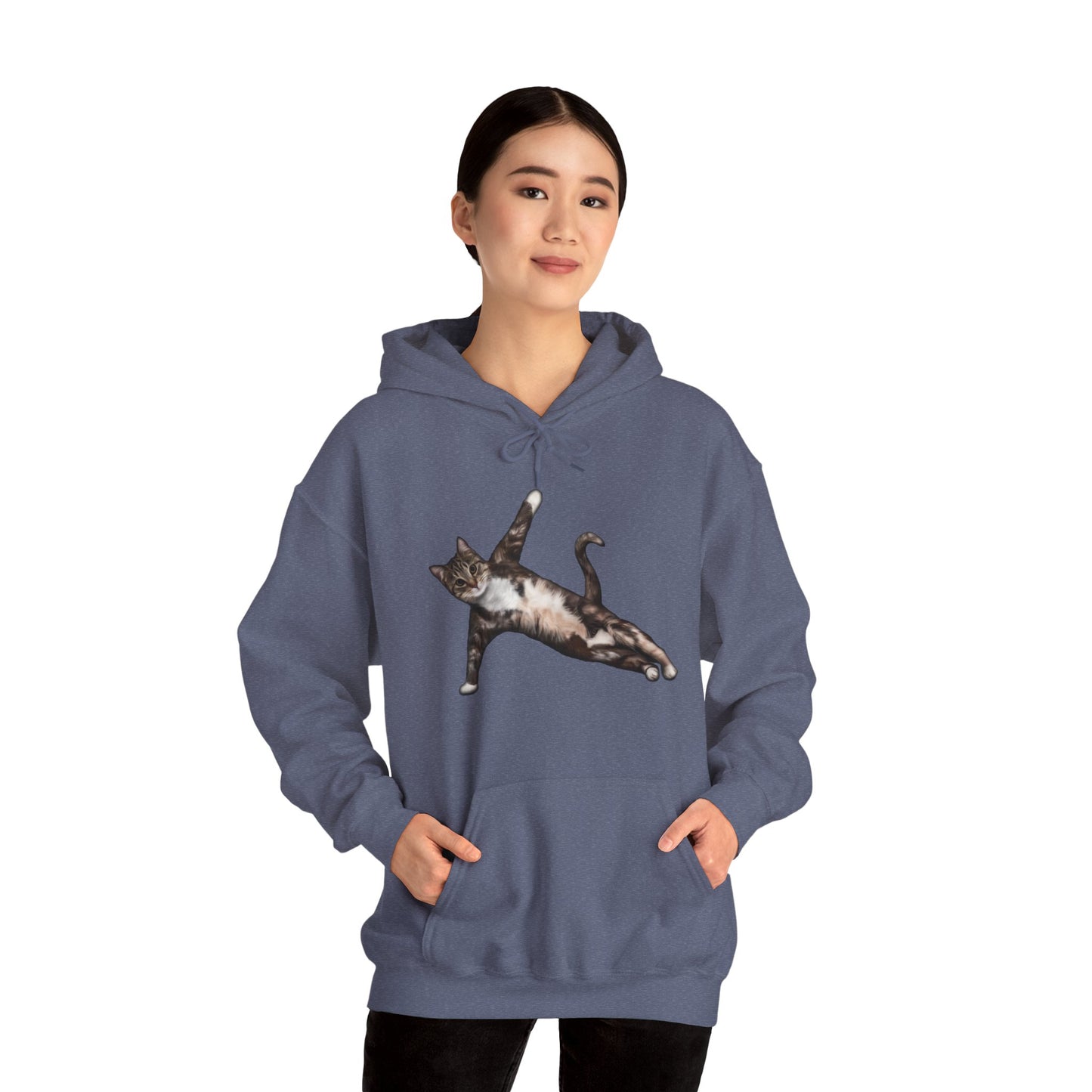 Heather Navy Yoga Pose Cat Themed Hooded Sweater Unisex