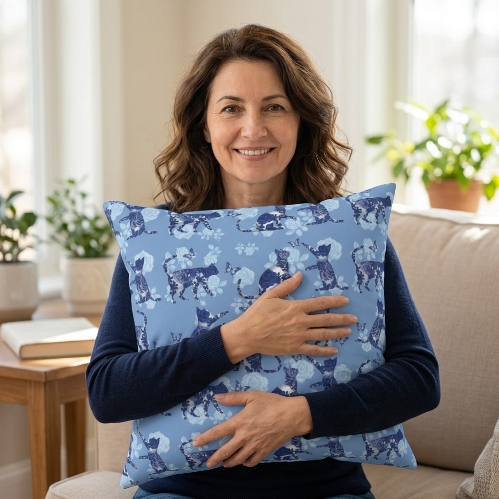 Blue square Throw Pillow with cats, butterflies and roses motif