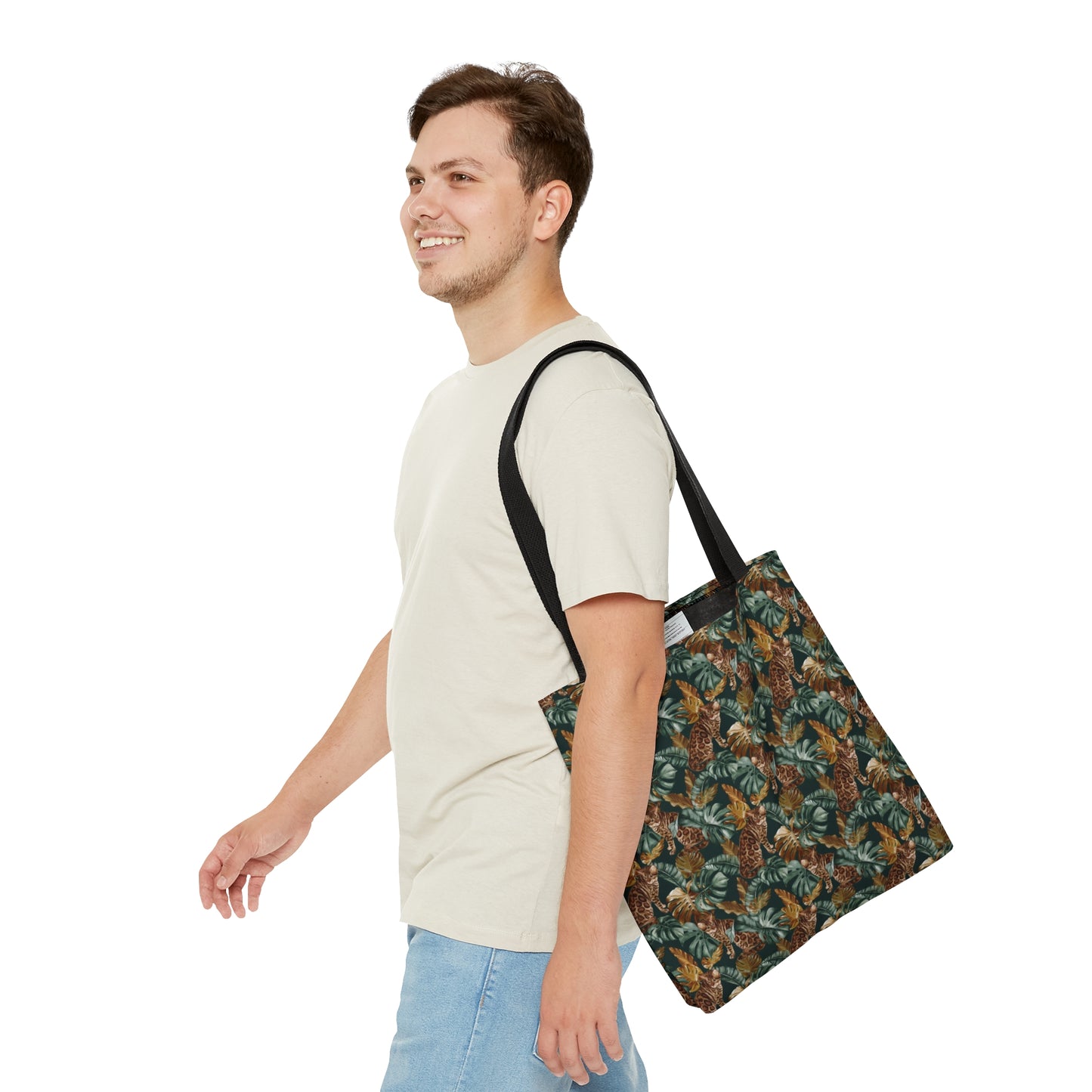 Tote bag with a Bengal cat and leaf pattern.