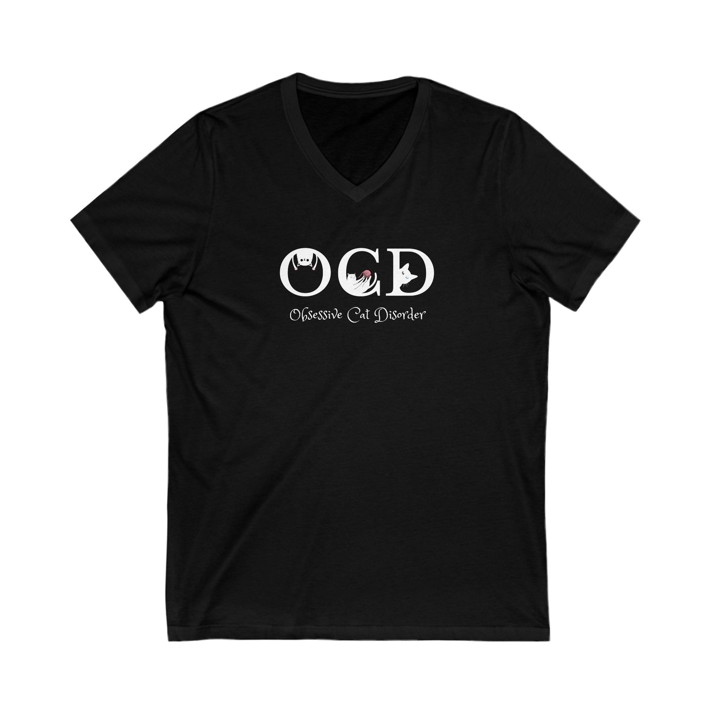 Black OCD Cat Themed V-Neck T-Shirt