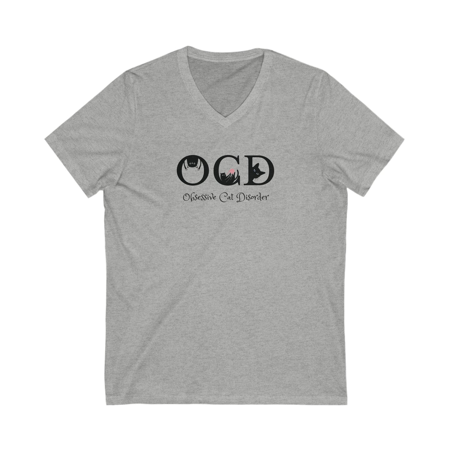 Heather Gray OCD Cat Themed V-Neck T-Shirt