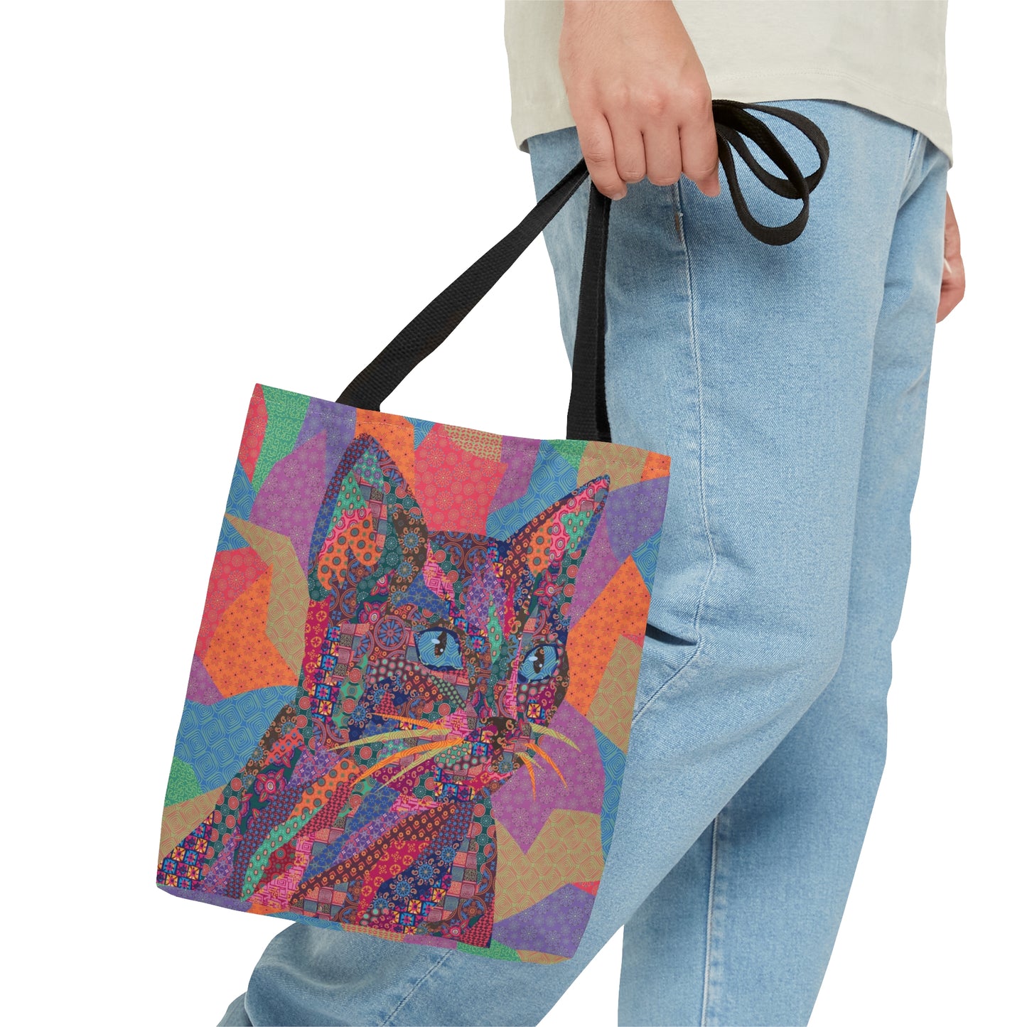 Multicolor tote bag with cat illustration