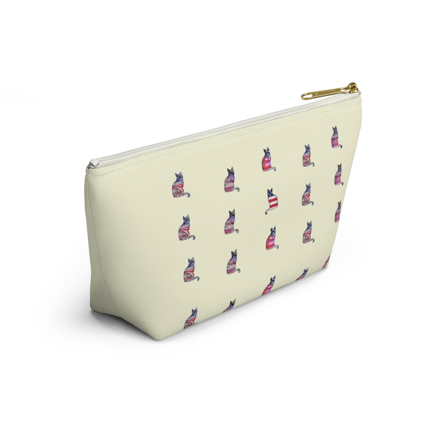 Cream color zipped accessory bag for organising makeup, cosmetics, travel essentials, toiltries, pencil case with 'LOVE' text and cat graphics in the colors of the American flag.