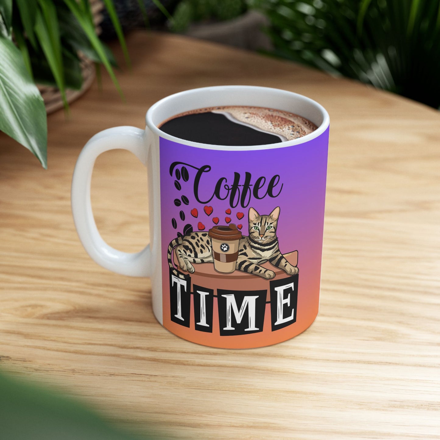 Coffee Mug With Bengal cat, love hearts and coffee beans illustration and the text "Coffee Tme."