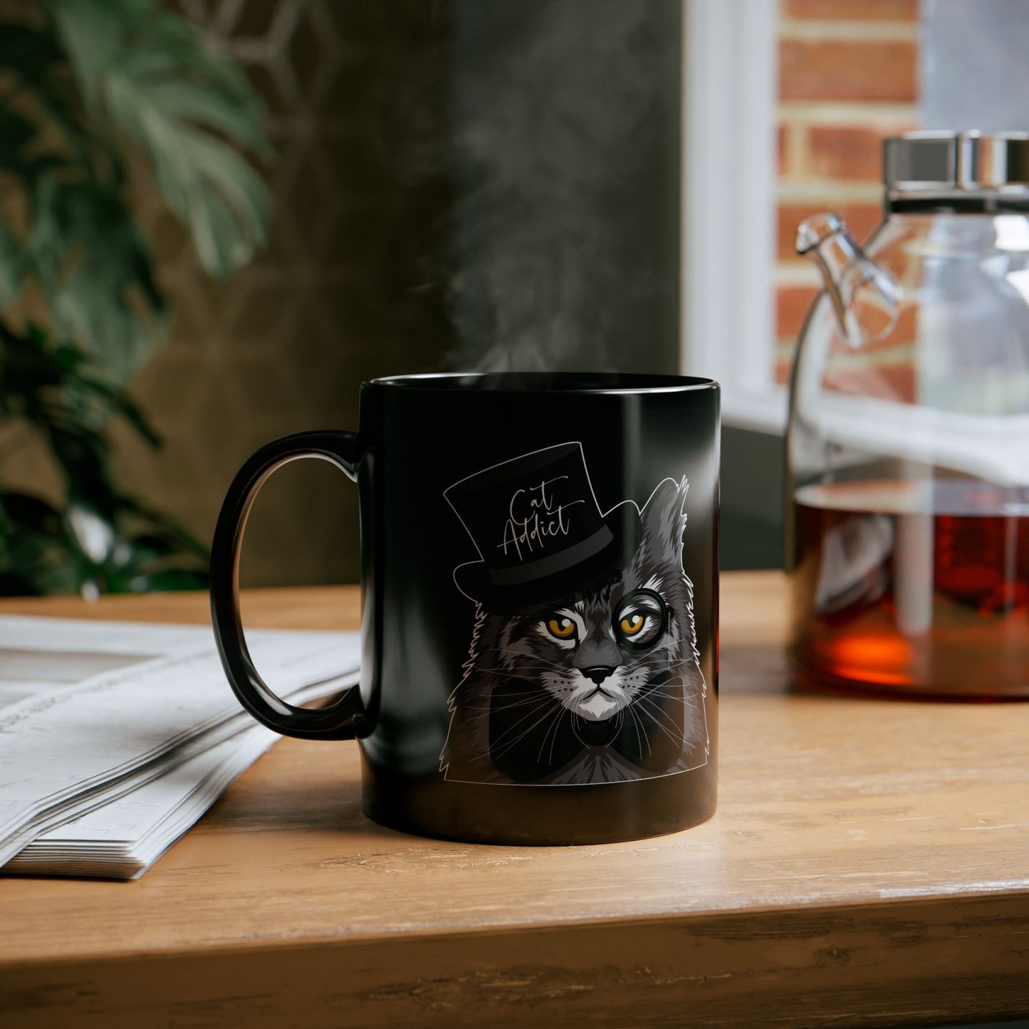 Black mug with a Maine Coon cat graphic and 'Cat Addict' text.