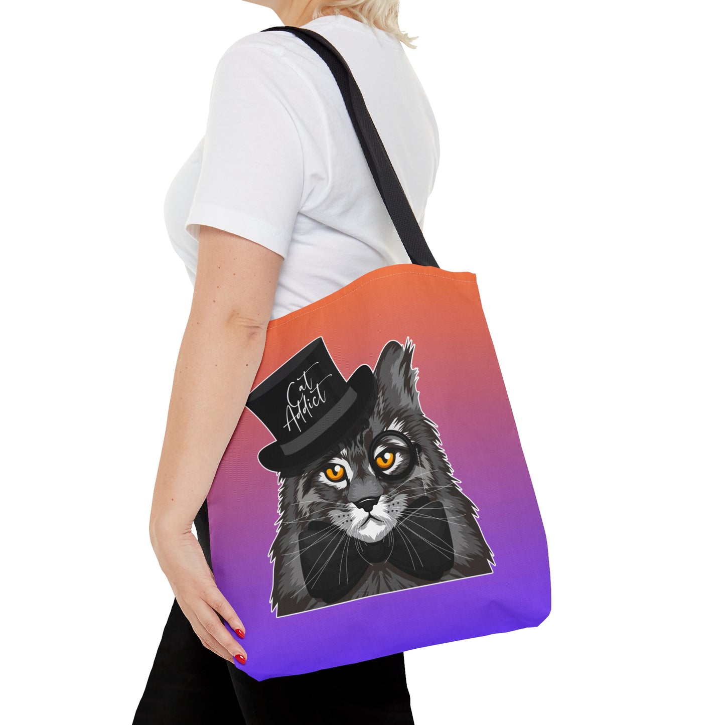 Orange & purple color Tote bag with an illustration of a Maine Coon cat wearing a top hat and the text 'Cat Addict.'