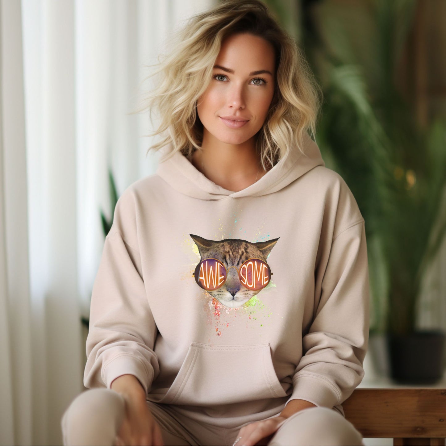 Sand Awesome Cat Themed Hooded Sweatshirt Unisex