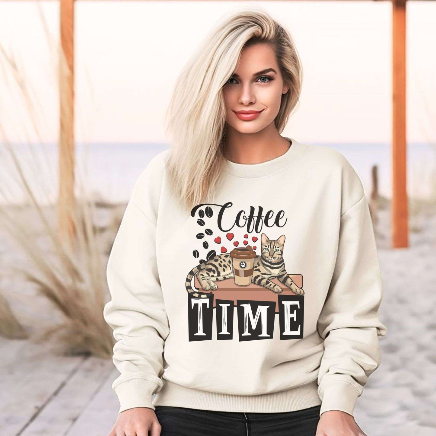Sand Coffee Beans & Love Hearts Bengal Cat Themed Unisex Sweatshirt