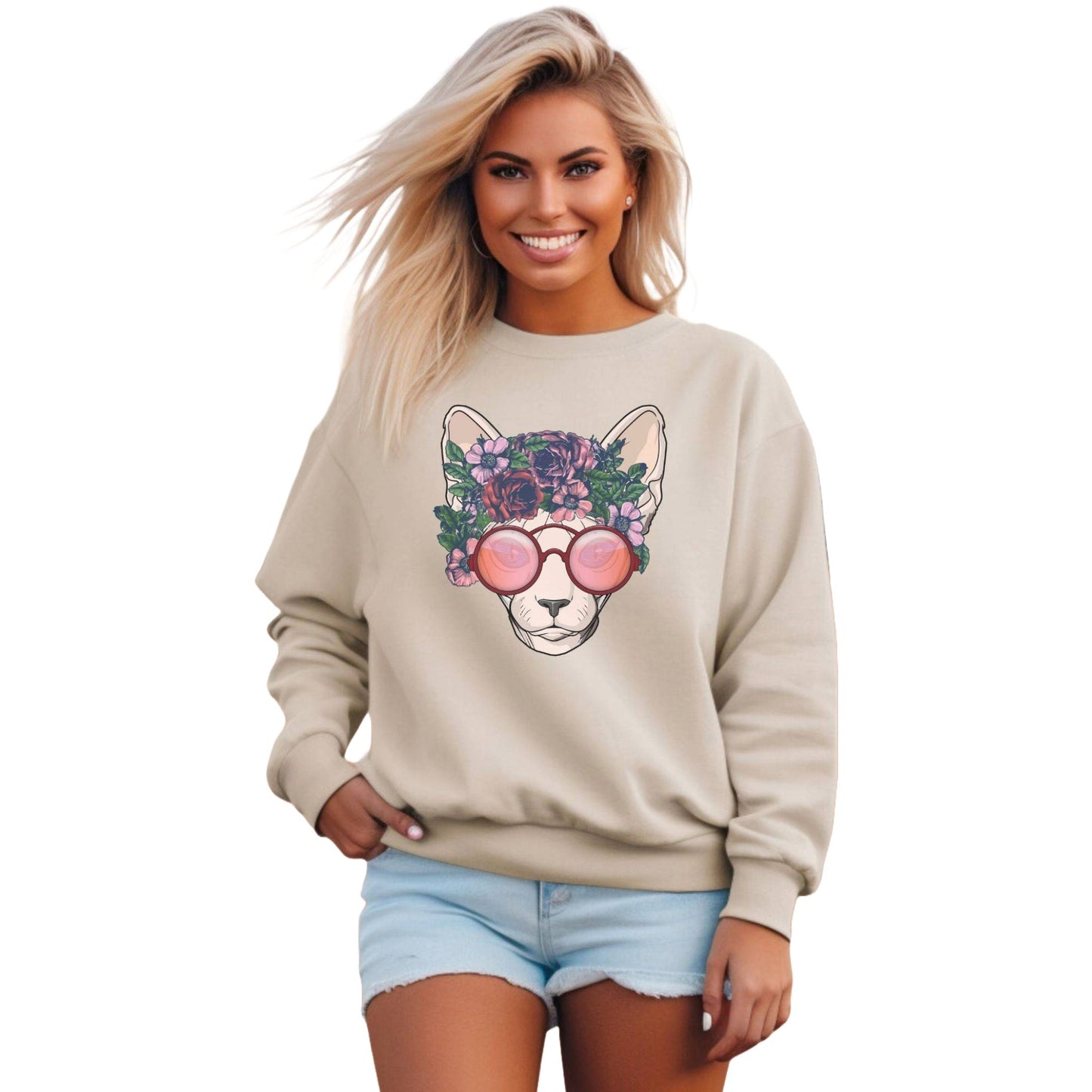 Sand Flower Sphynx Cat Themed Crewneck Unisex Sweatshirt