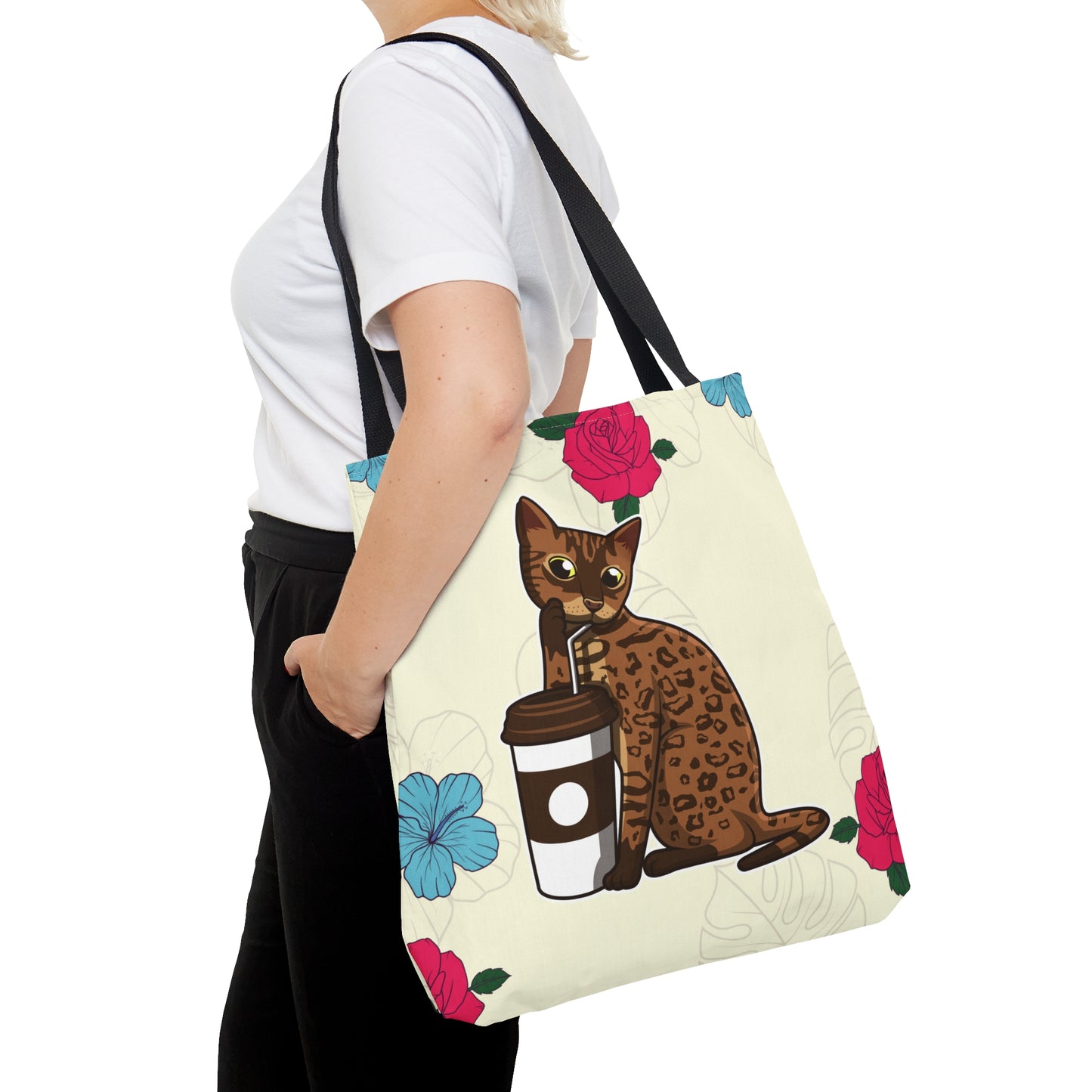 Cream Tote Bag Of A Cartoon Bengal Cat Drinking Through A Straw And Flowers Design