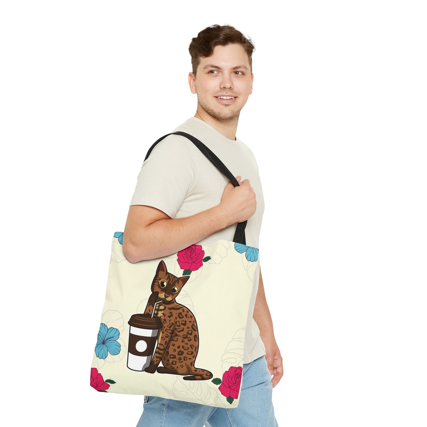 Cream Tote Bag Of A Cartoon Bengal Cat Drinking Through A Straw And Flowers Design