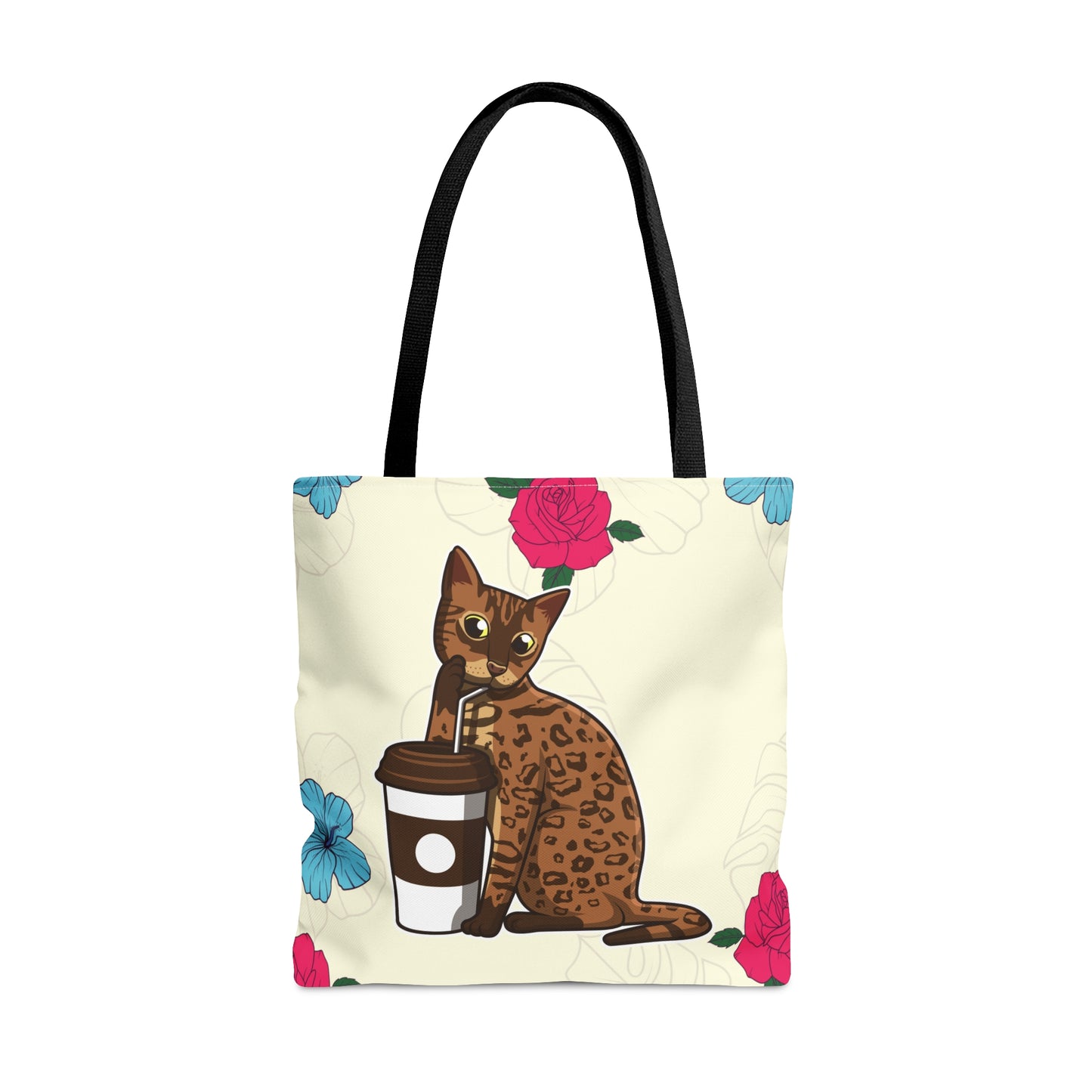 Cream Tote Bag Of A Cartoon Bengal Cat Drinking Through A Straw And Flowers Design