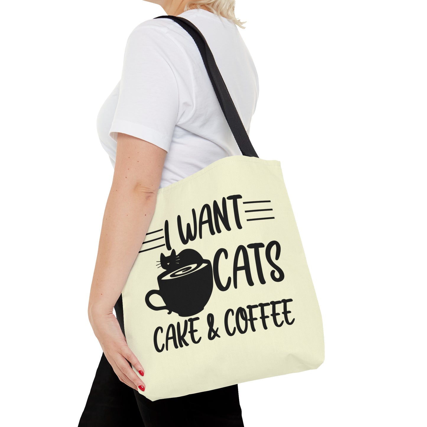 Cream Tote bag with 'I Want Cats, Cake & Coffee' text with cat & coffee cup graphic