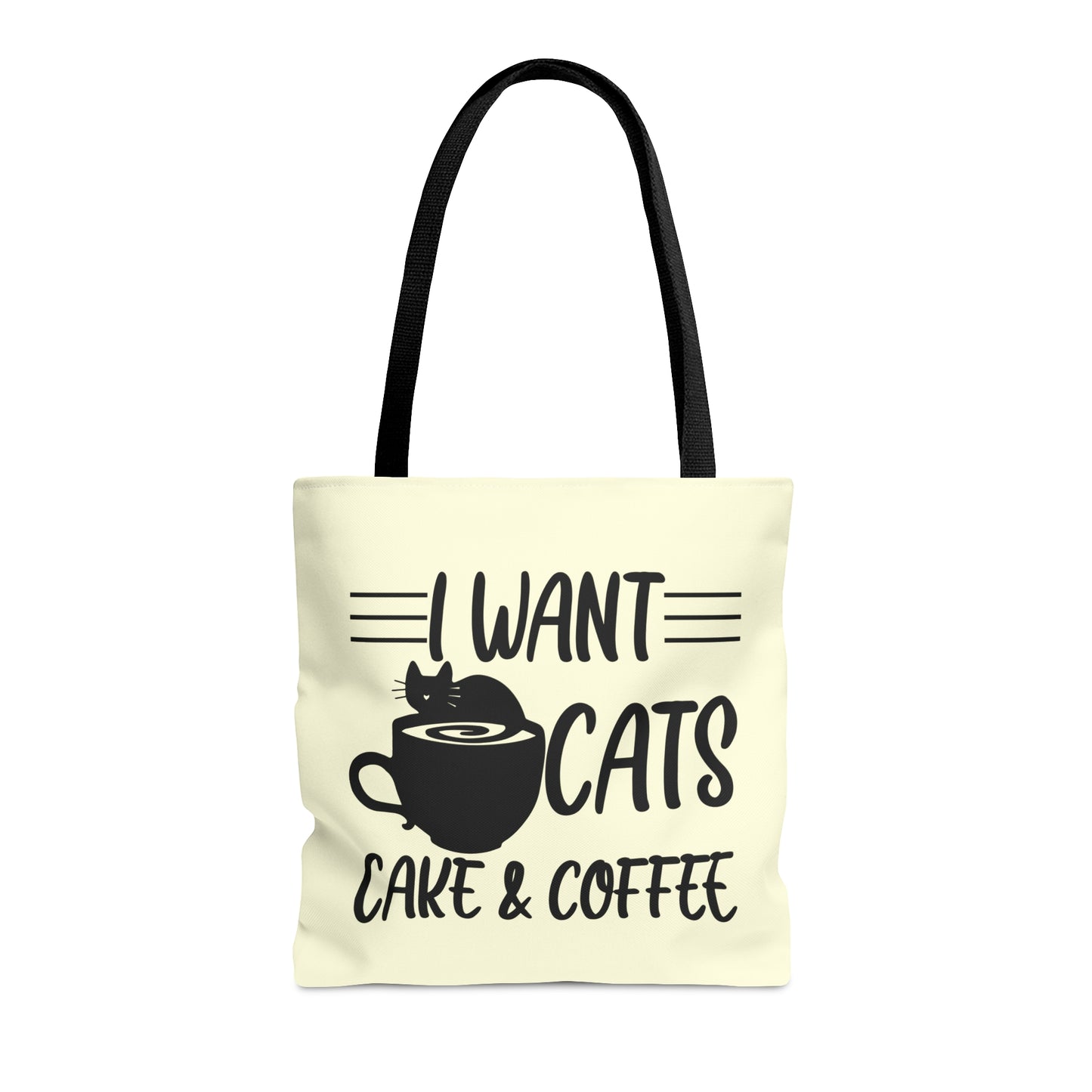 Cream Tote bag with 'I Want Cats, Cake & Coffee' text with cat & coffee cup graphic