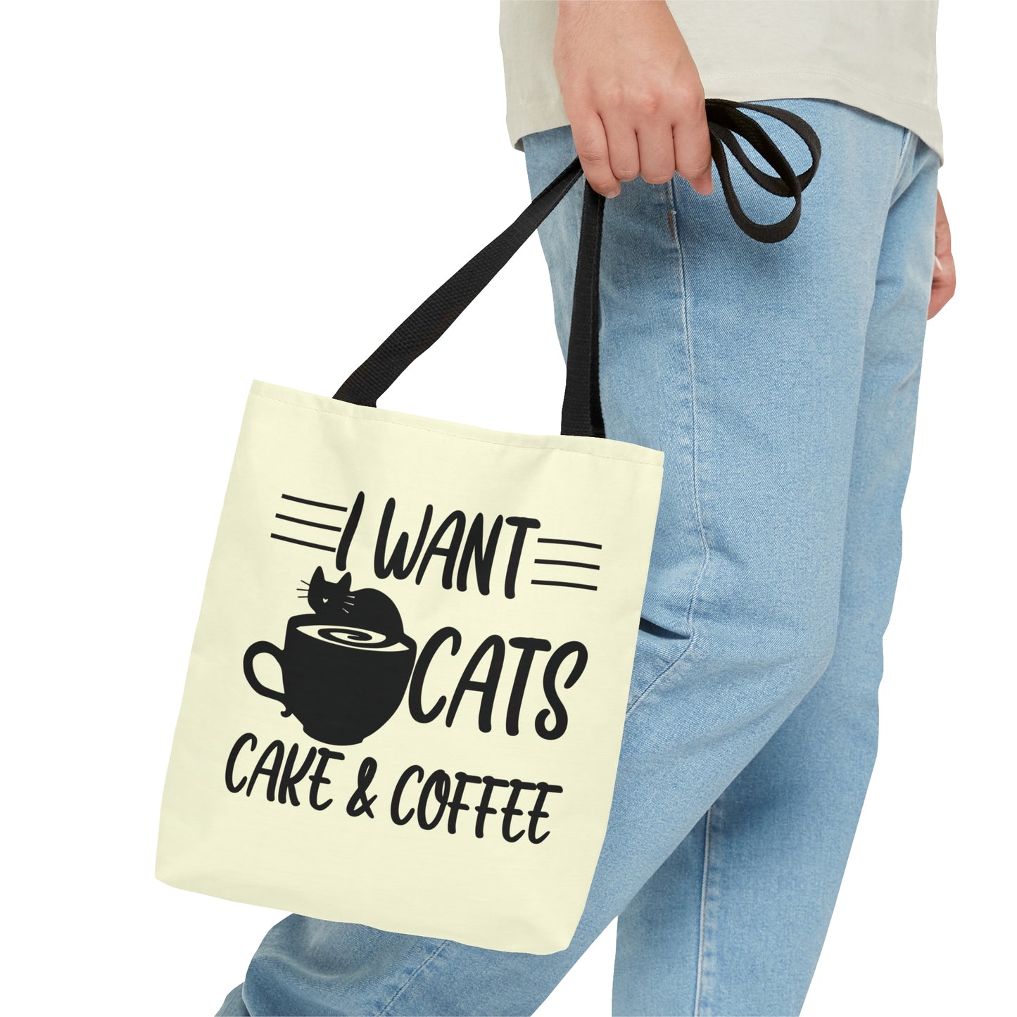 Cream Tote bag with 'I Want Cats, Cake & Coffee' text with cat & coffee cup graphic