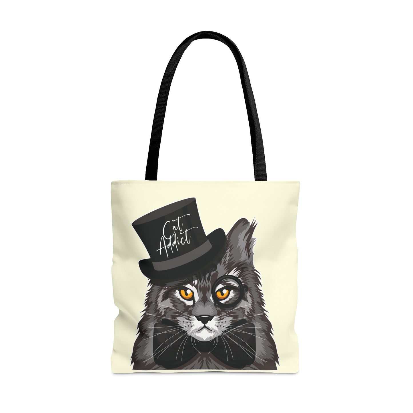 Cream Tote bag with a Maine Coon cat illustration and the text "Cat Addict."